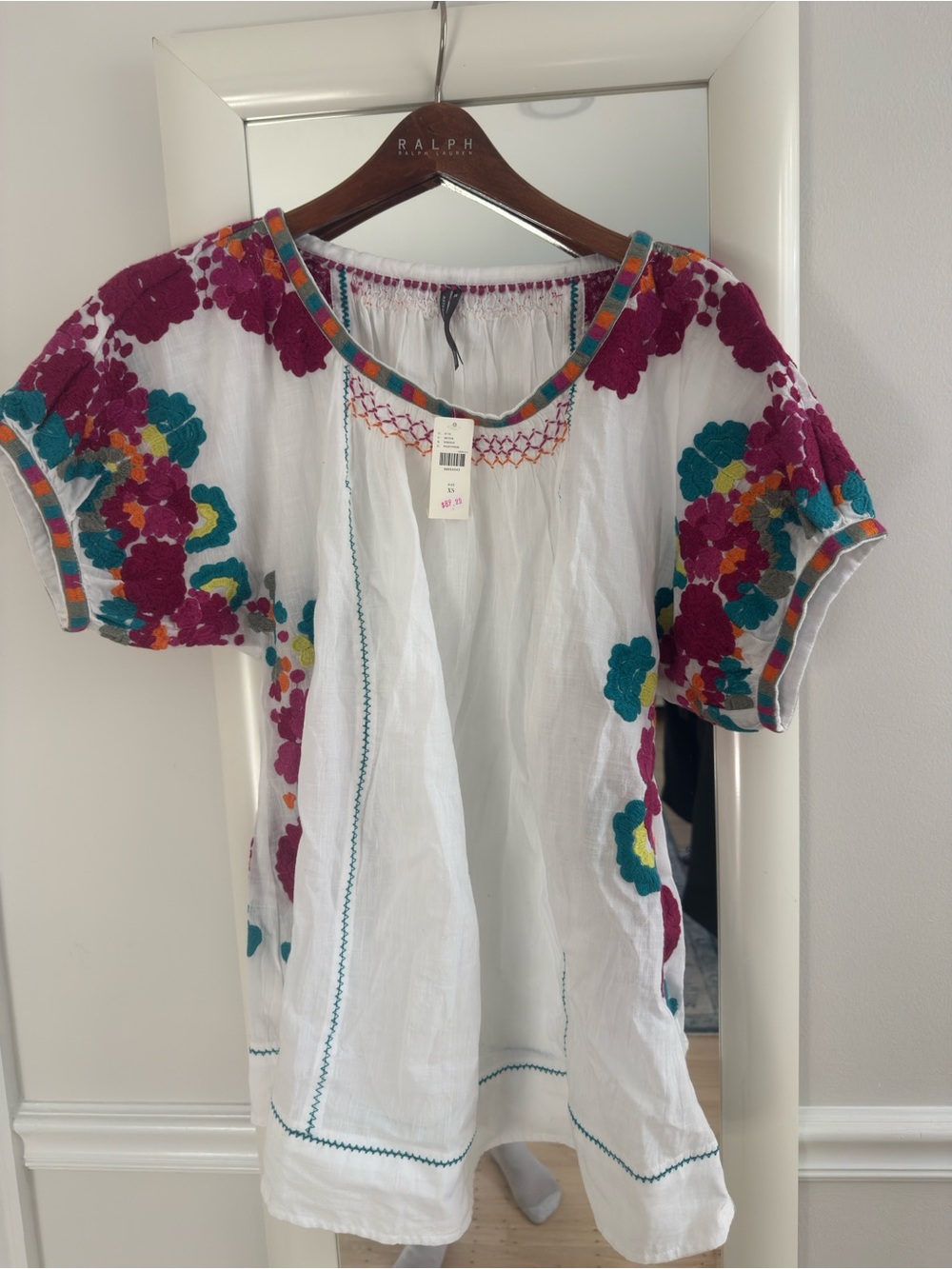 Anthropologie White Peasant Blouse with Magenta & Teal Floral Embroidery